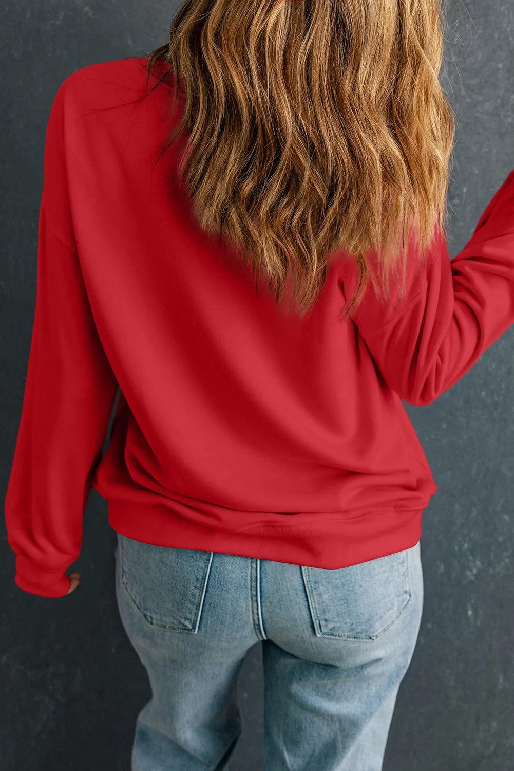 Letter Graphic Round Neck Long Sleeve Sweatshirt in Scarlet, view 3