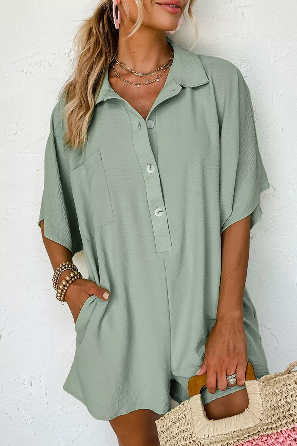 Button Detail Half Sleeve Romper – image 1 | Lilixa