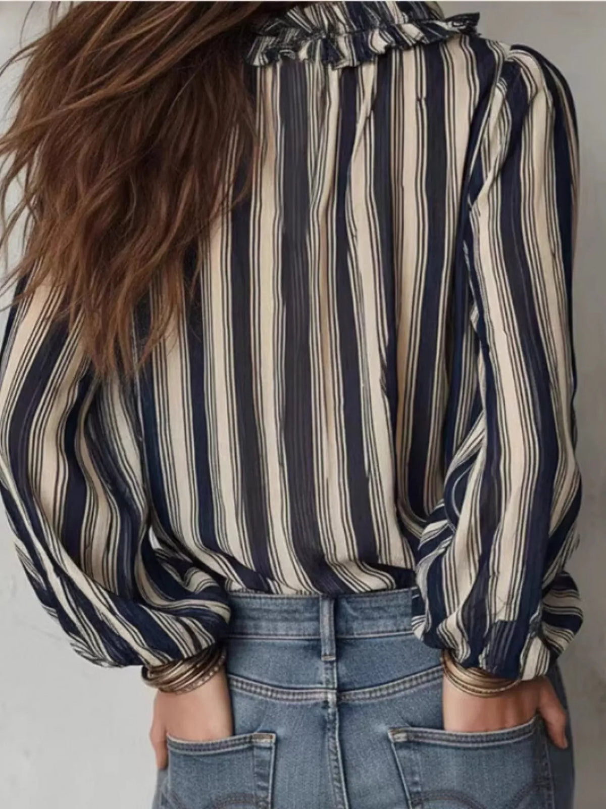 Striped Balloon Sleeve Blouse in Dark Blue, view 3