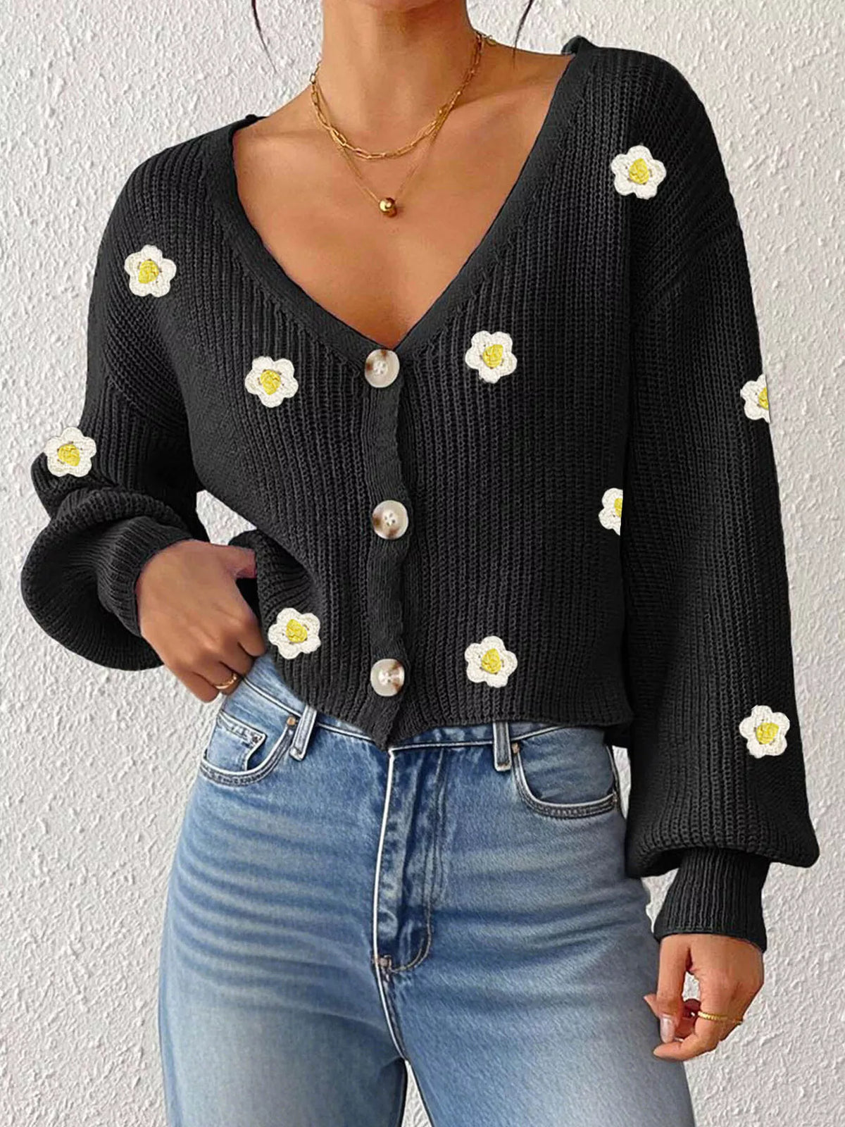 Floral V-Neck Button-Down Cropped Cardigan - Lilixa.store