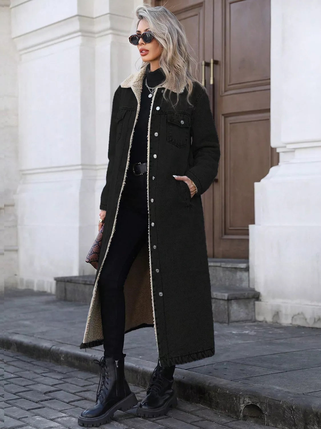 Sherpa Lined Longline Denim Jacket in Black