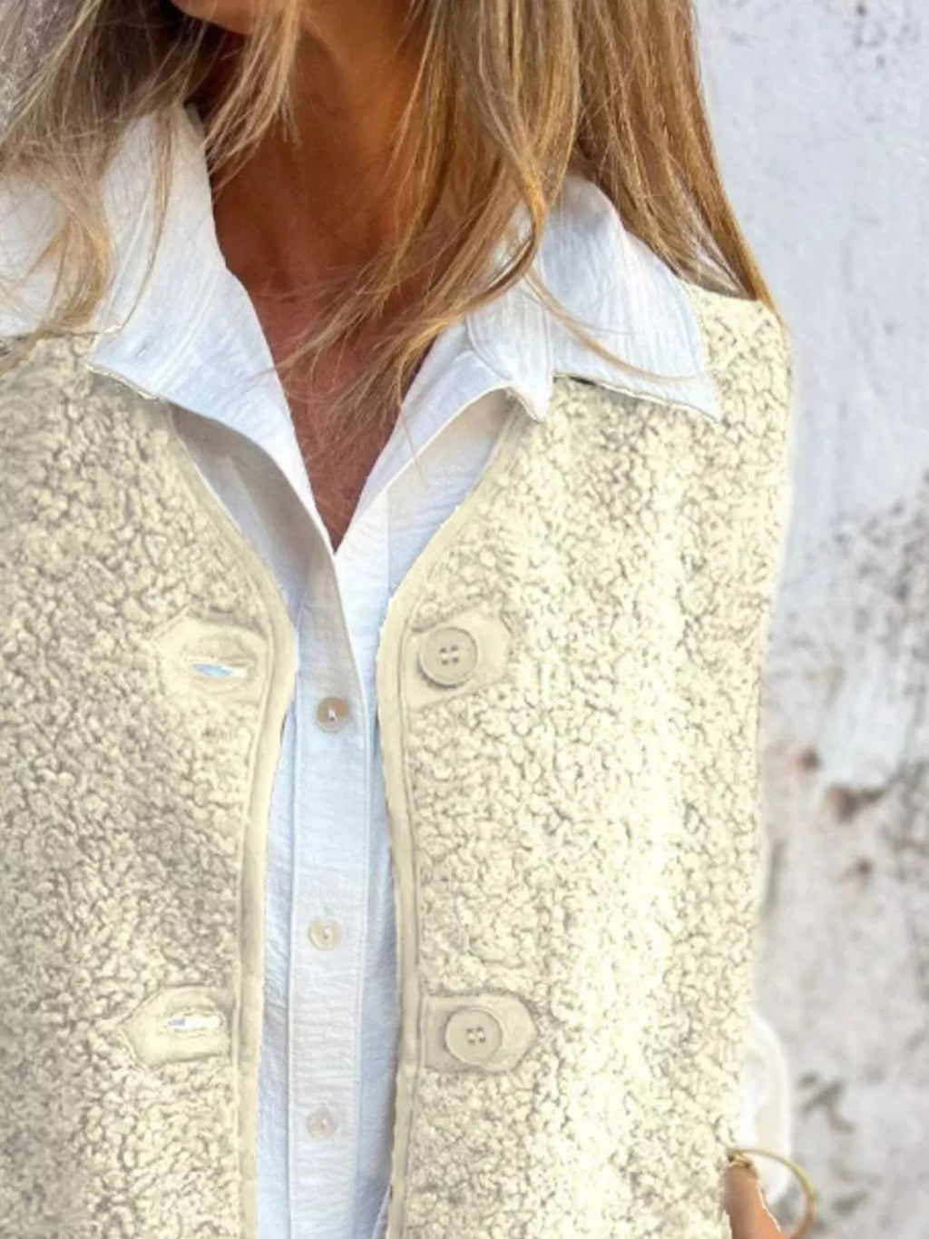 Full Size Cozy Sherpa Fleece Button-Up Vest Coat with Pockets Plus Size - Lilixa.store