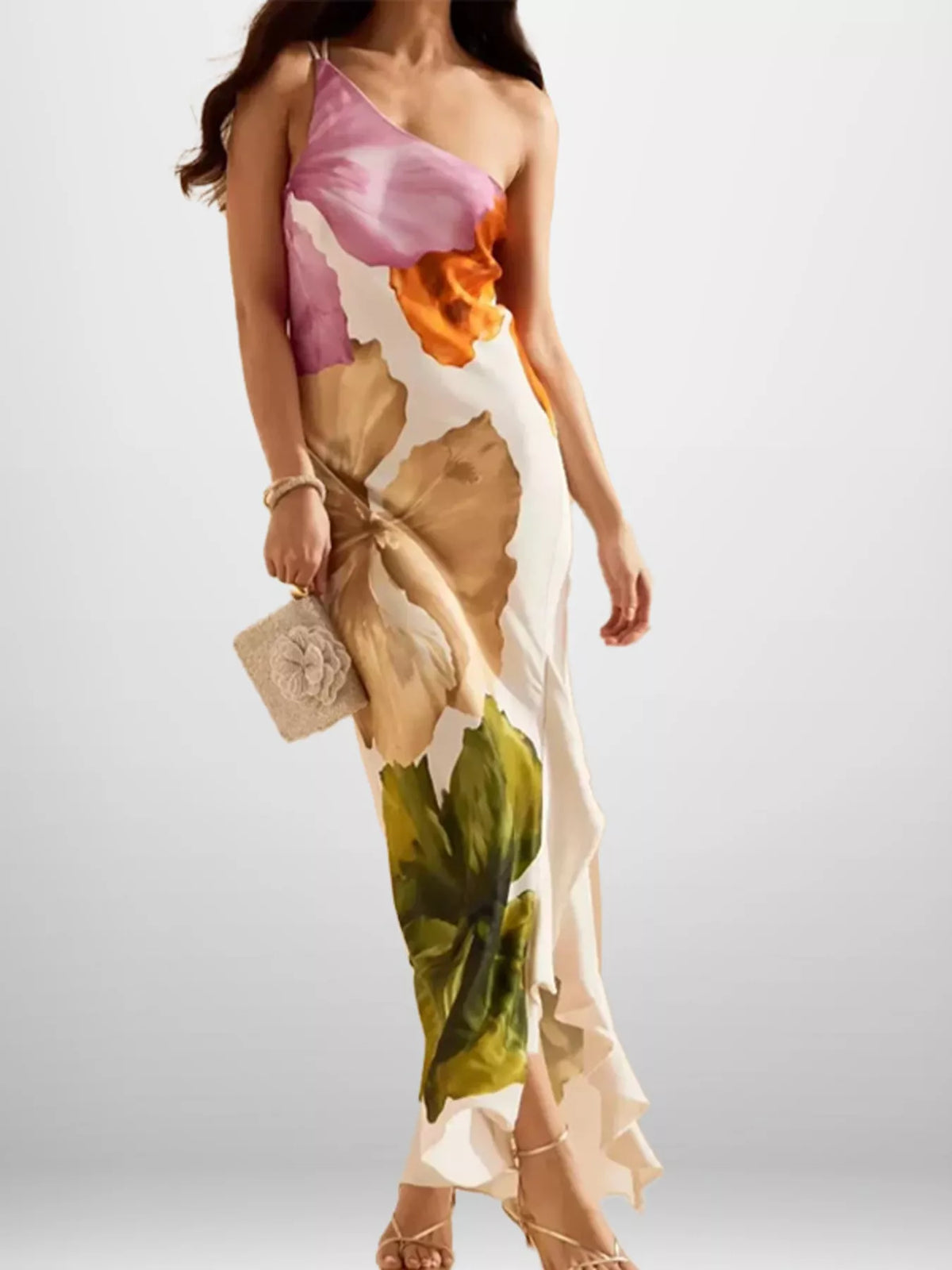 Full Size One-Shoulder Floral Print Satin Maxi Dress Plus Size