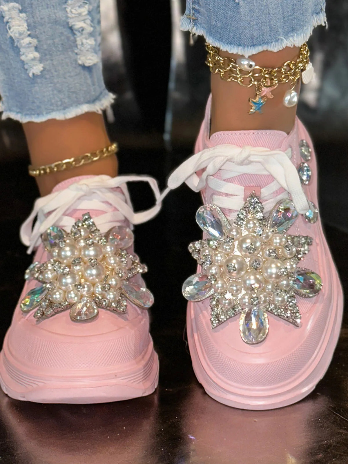 Pearl Embellished Platform Slip-Ons in Pink