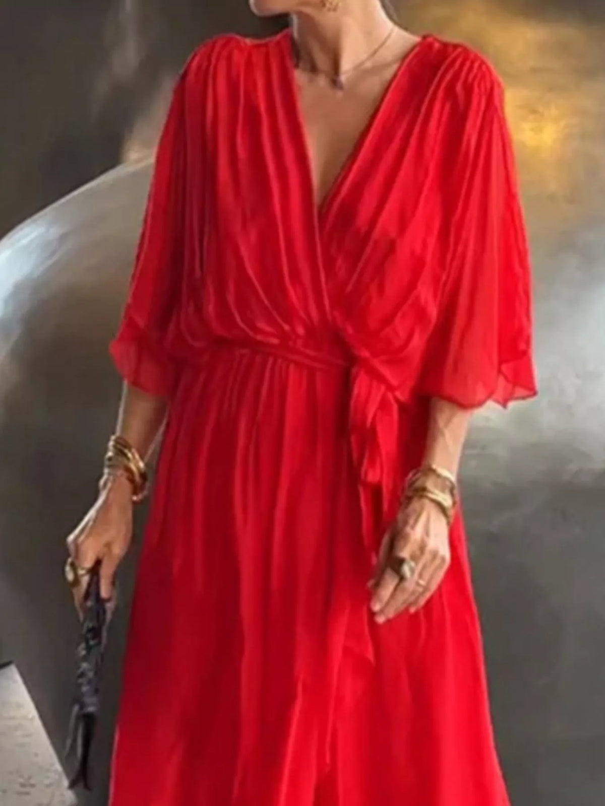 Full Size Chiffon Wrap Dress with Flutter Sleeves Plus Size - Lilixa.store