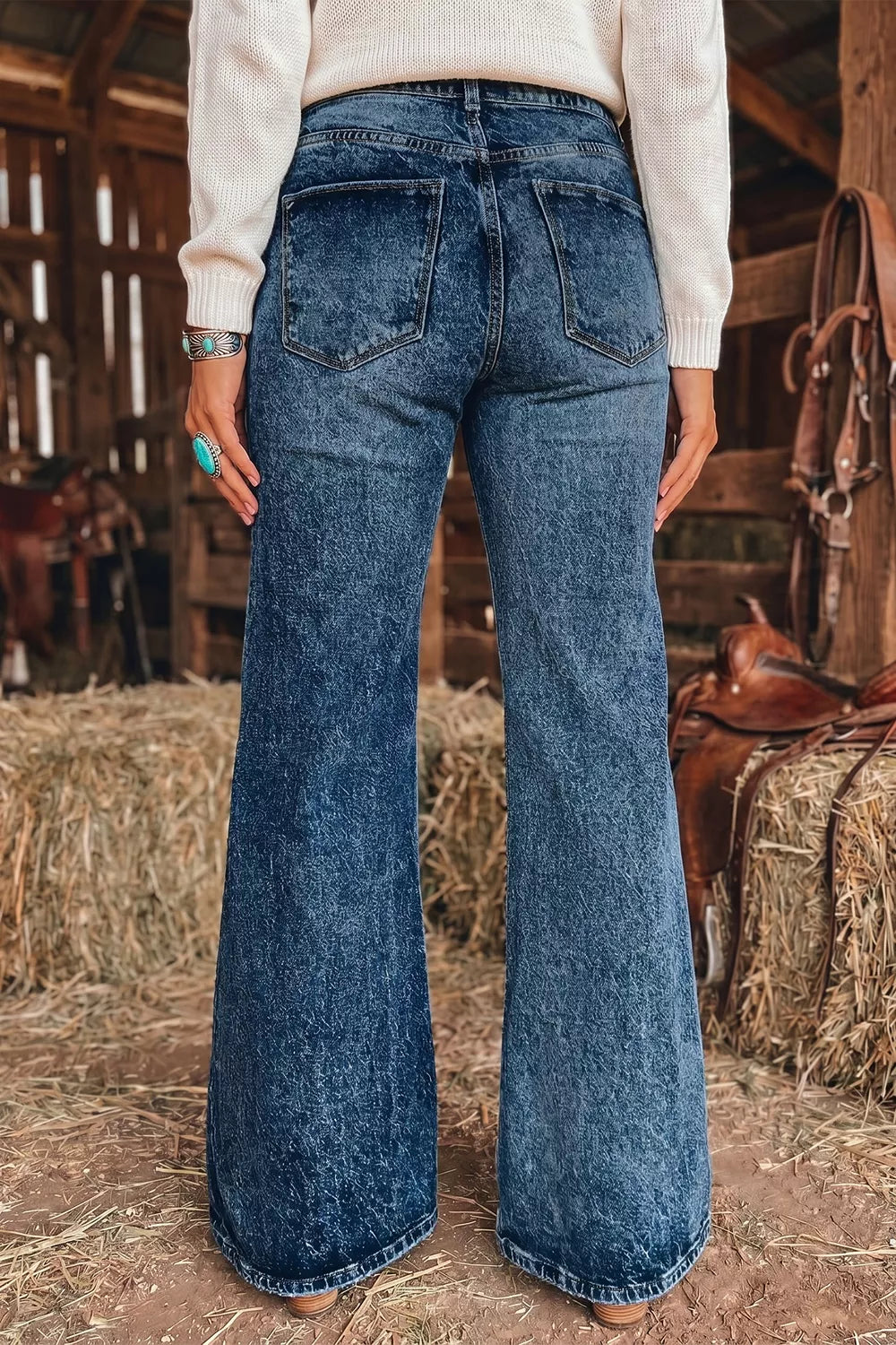 Acid Wash Pocket Detail Flare Jeans - Lilixa.store