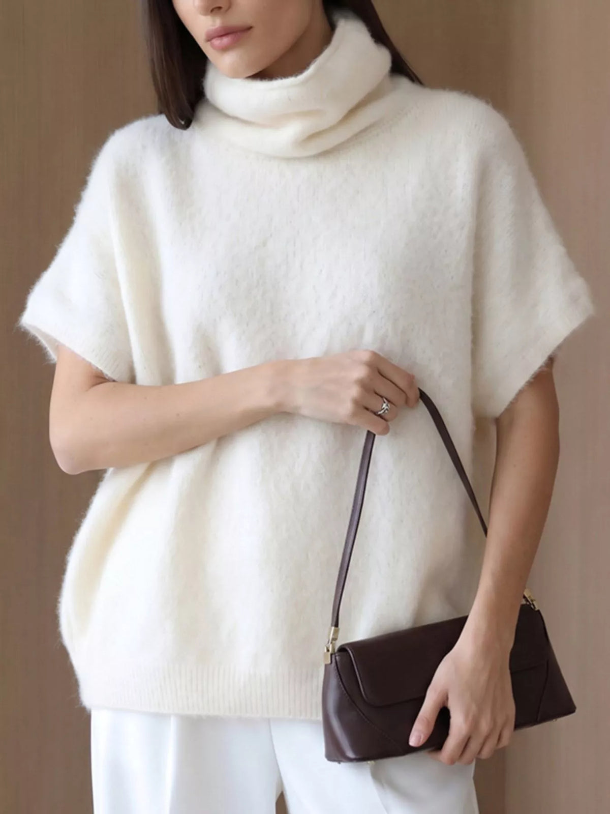 Turtleneck Fuzzy Short Sleeve Sweater, view 3