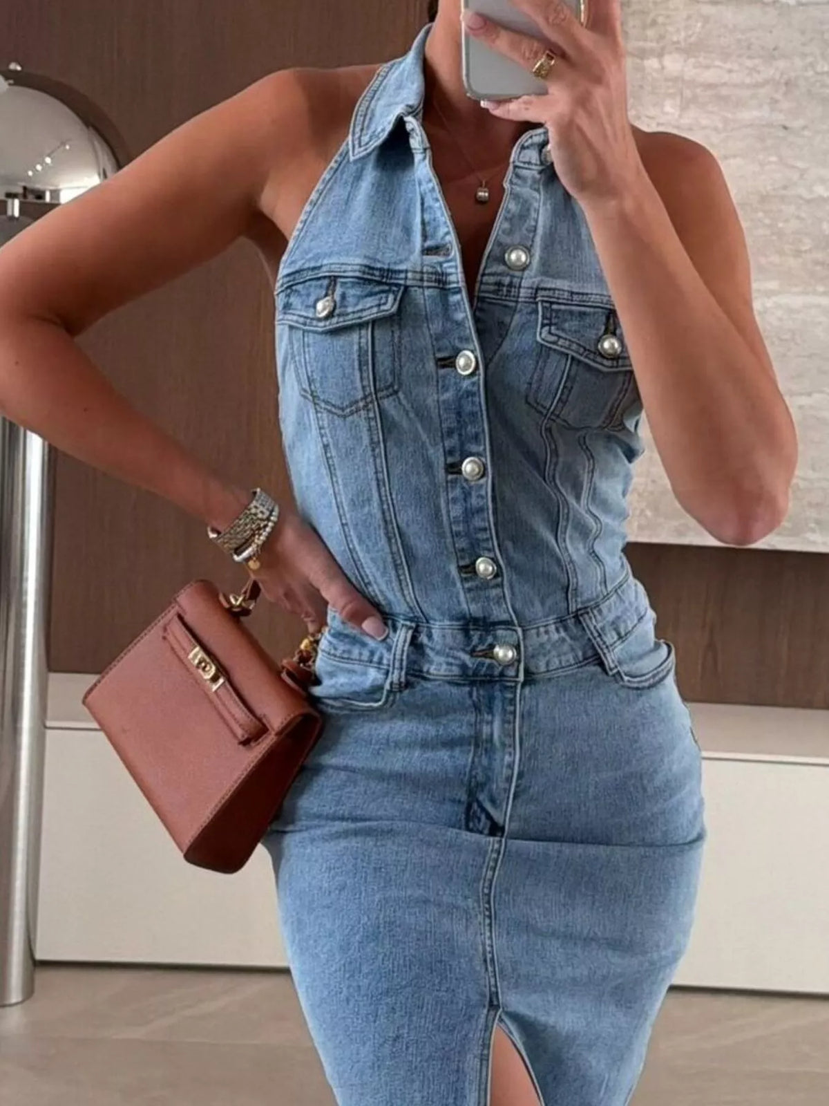 Slit Backless Halter Neck Button-Down Denim Midi Dress - Lilixa.store
