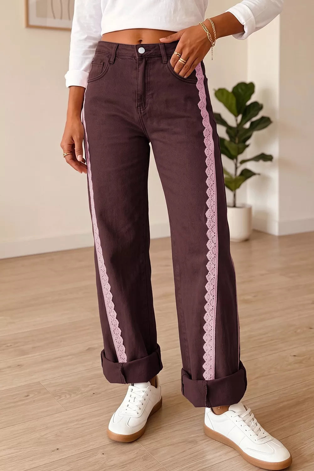 Lace Trim Casual Full-Length Regular Fit Jeans - Lilixa.store