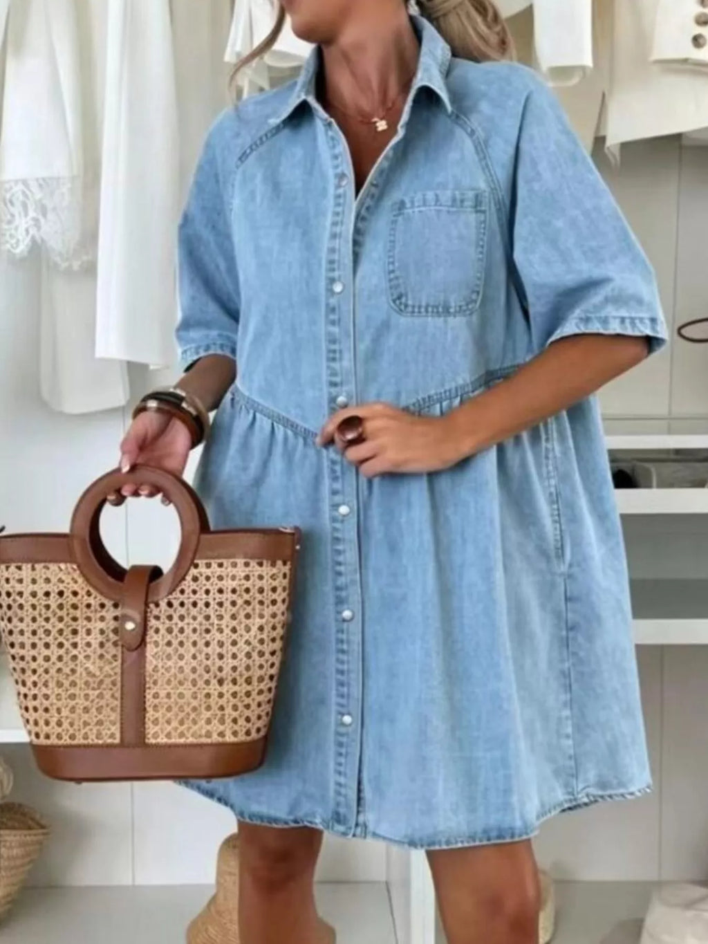 Button Up Denim Shirt Dress - Lilixa.store