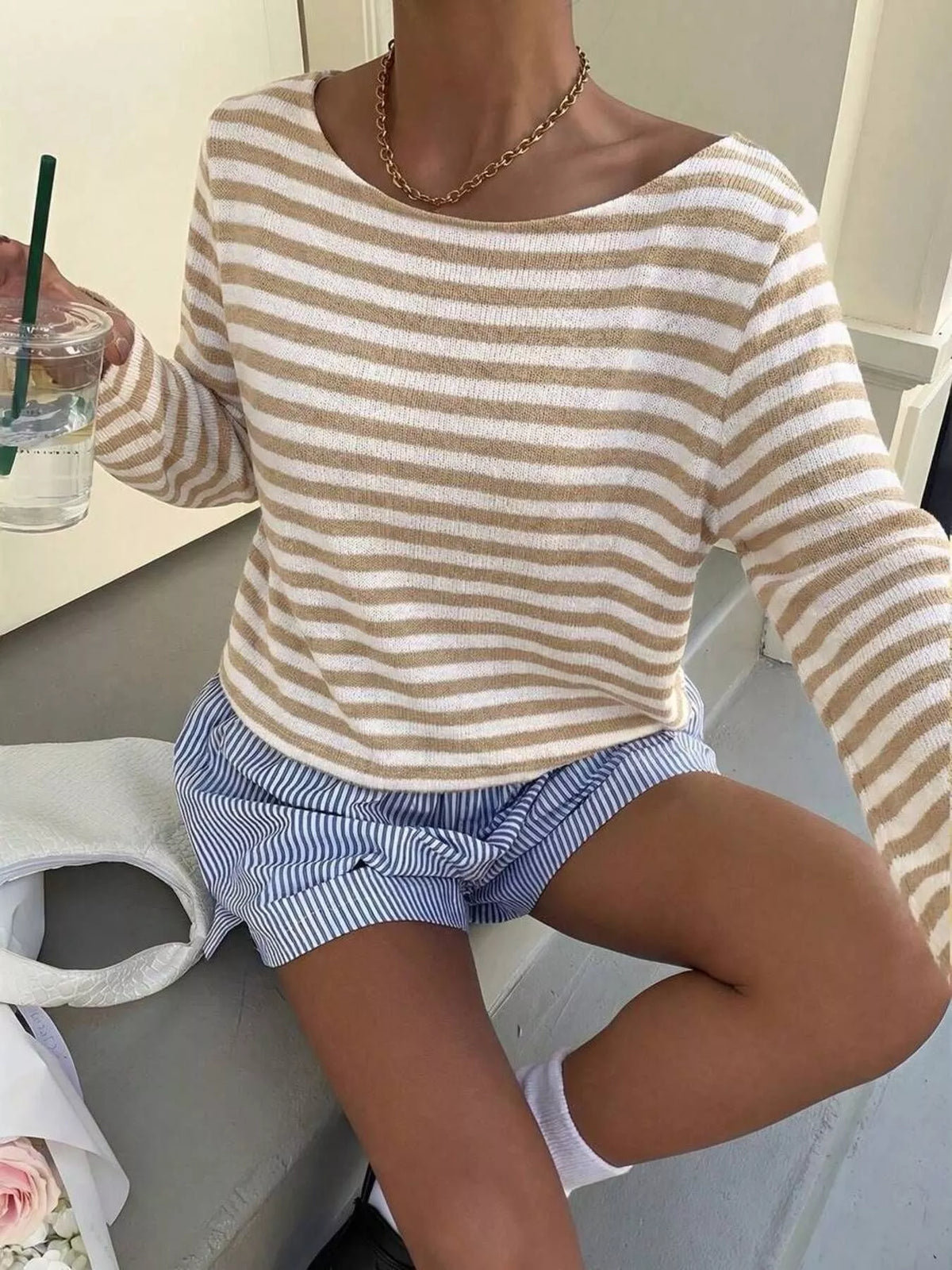 Boat Neck Striped Long Sleeve T-Shirt