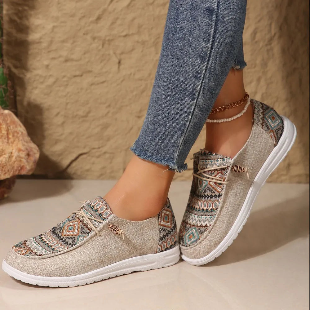 Geometric Round Toe Flat Slip-Ons in Khaki