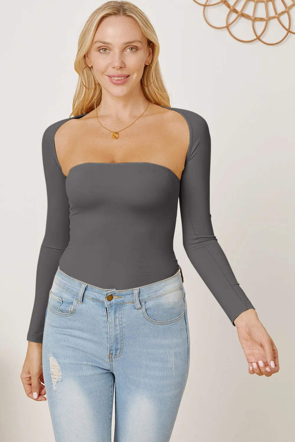 Cutout Raglan Sleeve Bolero and Tube Top in Dark Gray