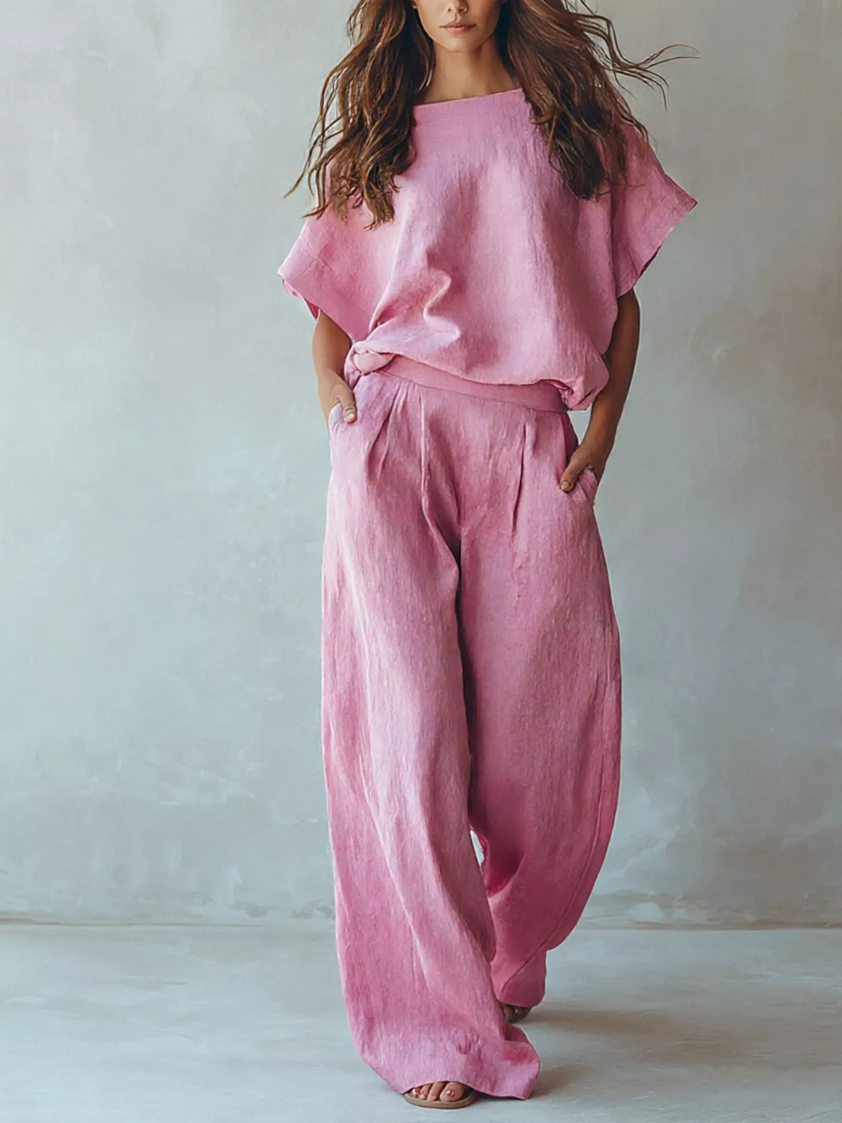 Full Size Solid Color Top and Wide-Leg Pants Set Plus Size