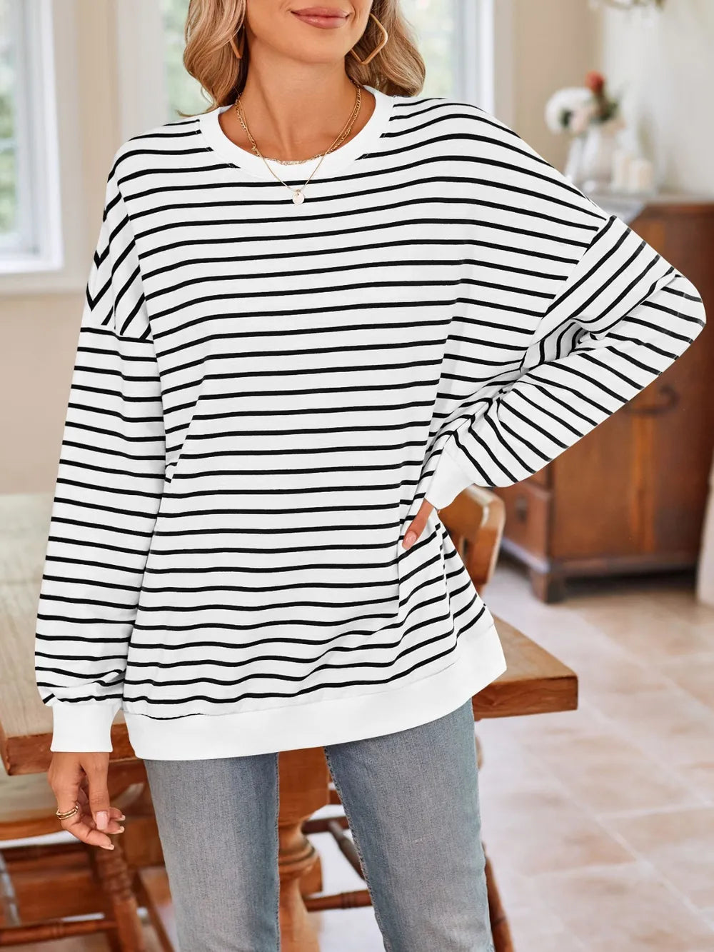 Lovelet Striped Round Neck Long Sleeve Sweatshirt - Lilixa.store