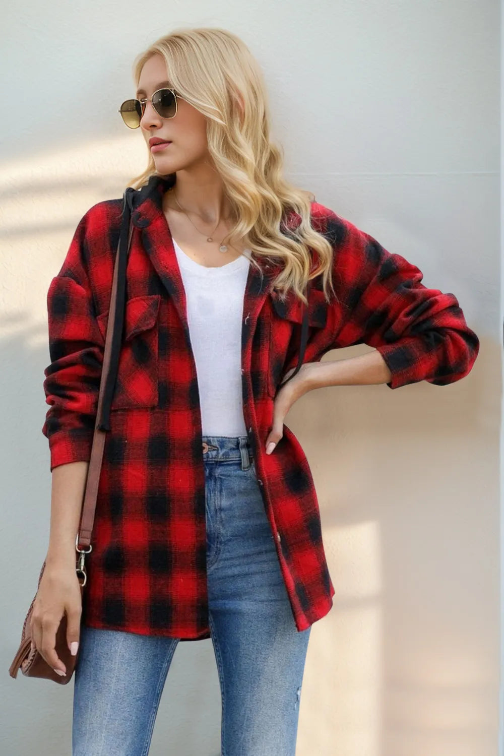 Double Take Drawstring Plaid Long Sleeve Hooded Shacket - Lilixa.store