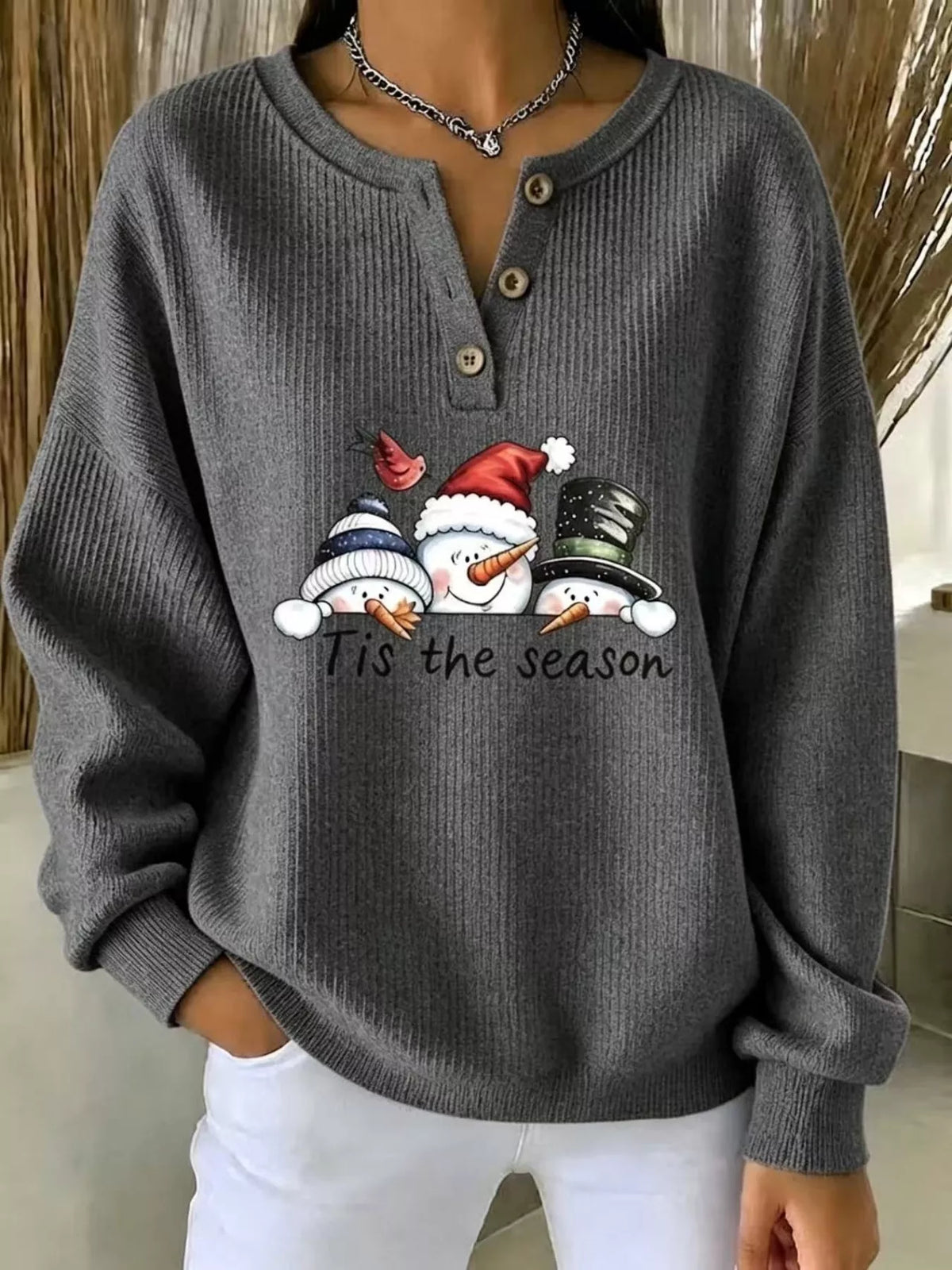 Full Size Christmas Themed Snowman Graphic Ribbed Henley Sweatshirt Plus Size in Dark Gray