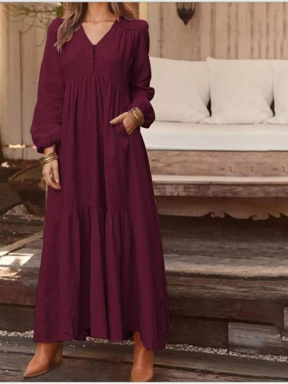 Full Size V-Neck Long Sleeve Tiered Maxi Dress with Pockets Plus Size - Lilixa.store