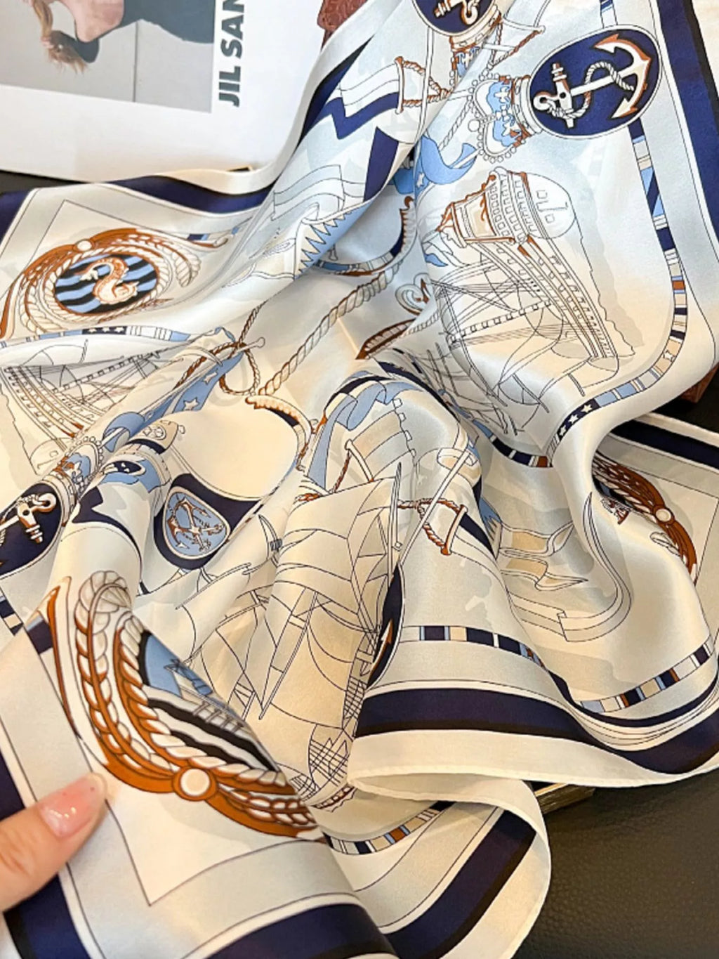 Nautical Print Silk Square Scarf in Ivory, view 5