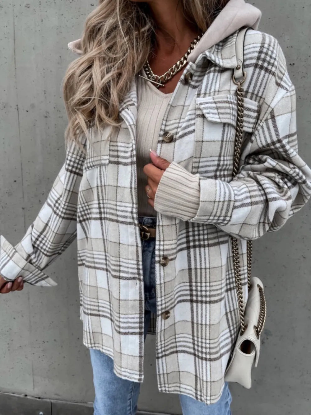 Plaid Dropped Shoulder Hooded Jacket in White
