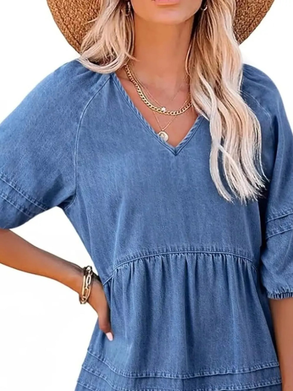 Casual V-Neck Puff Sleeve Denim Mini Dress