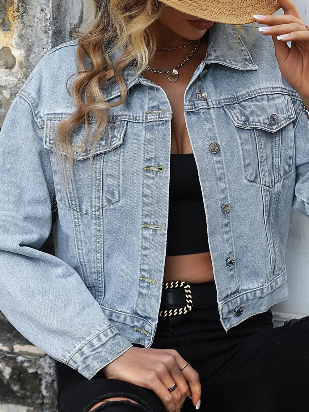 Button Up Denim Jacket with Chest Pockets, view 3
