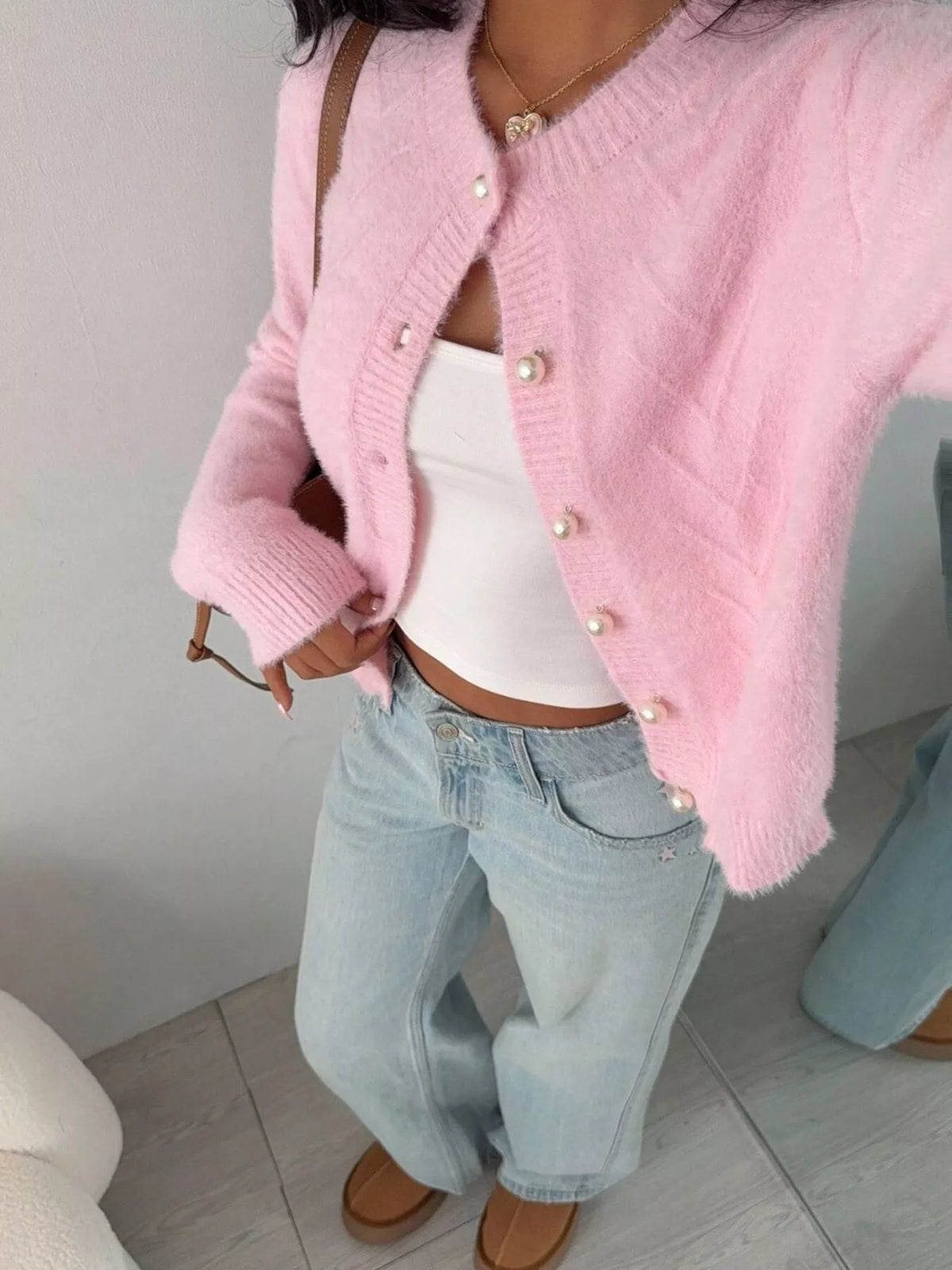 Soft Fuzzy Texture Cardigan with Pearl Buttons in Pink, view 3