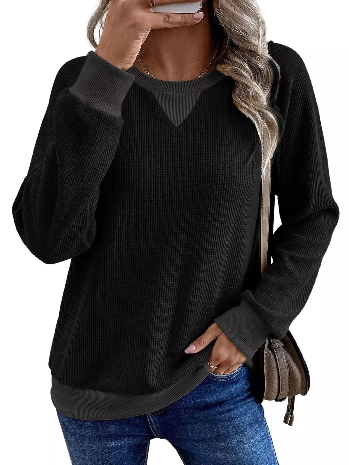 Waffle Knit Crew Neck Long Sleeve Sweatshirt, view 6