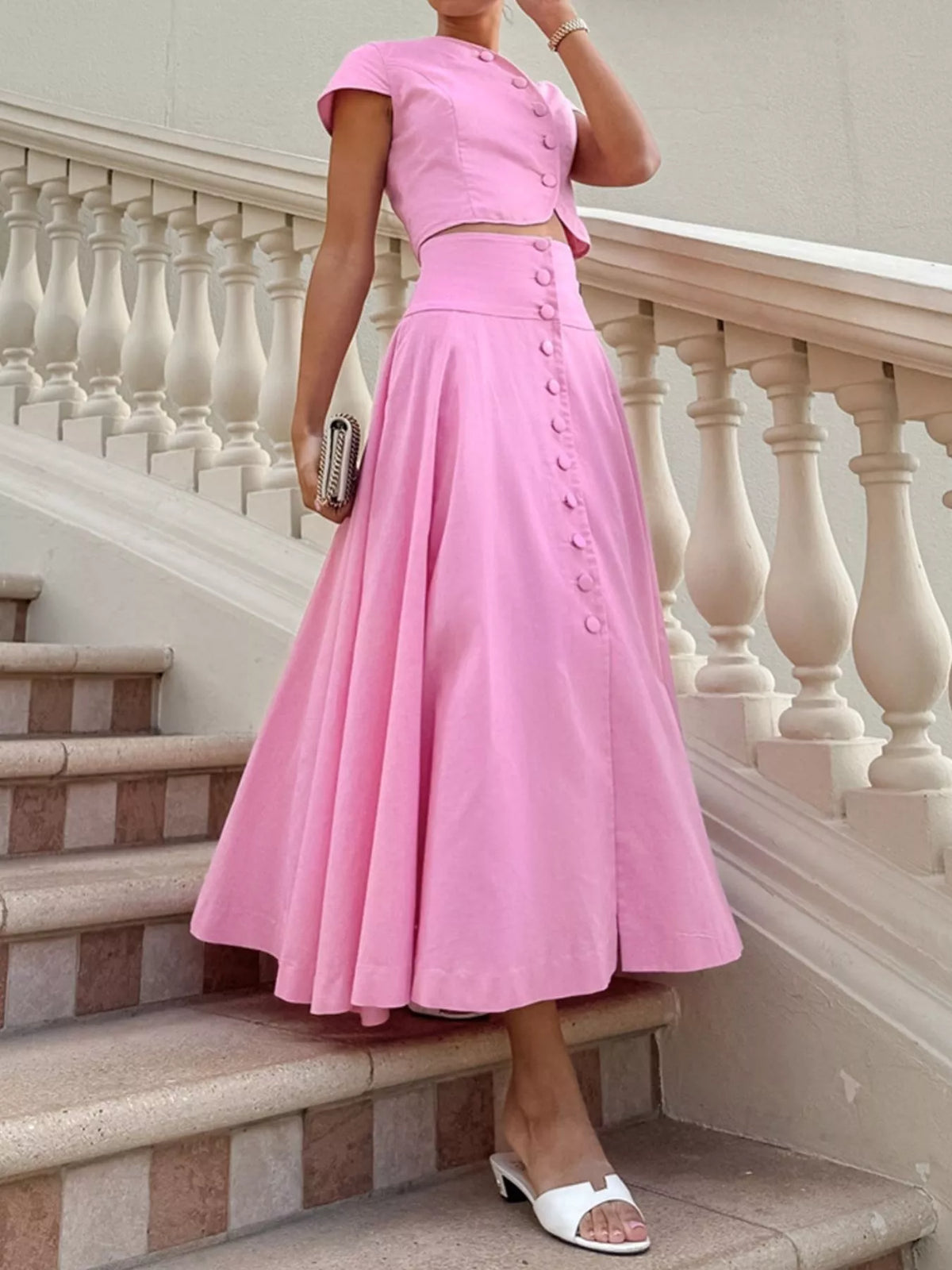 Cap Sleeve Button-Down Crop Top and Midi Skirt Set, view 9
