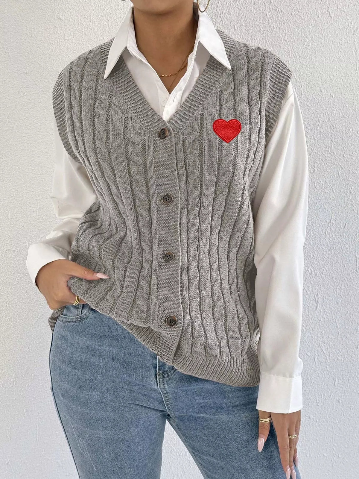 V-Neck Cable Knit Button-Down Sweater Vest with Heart Embroidery