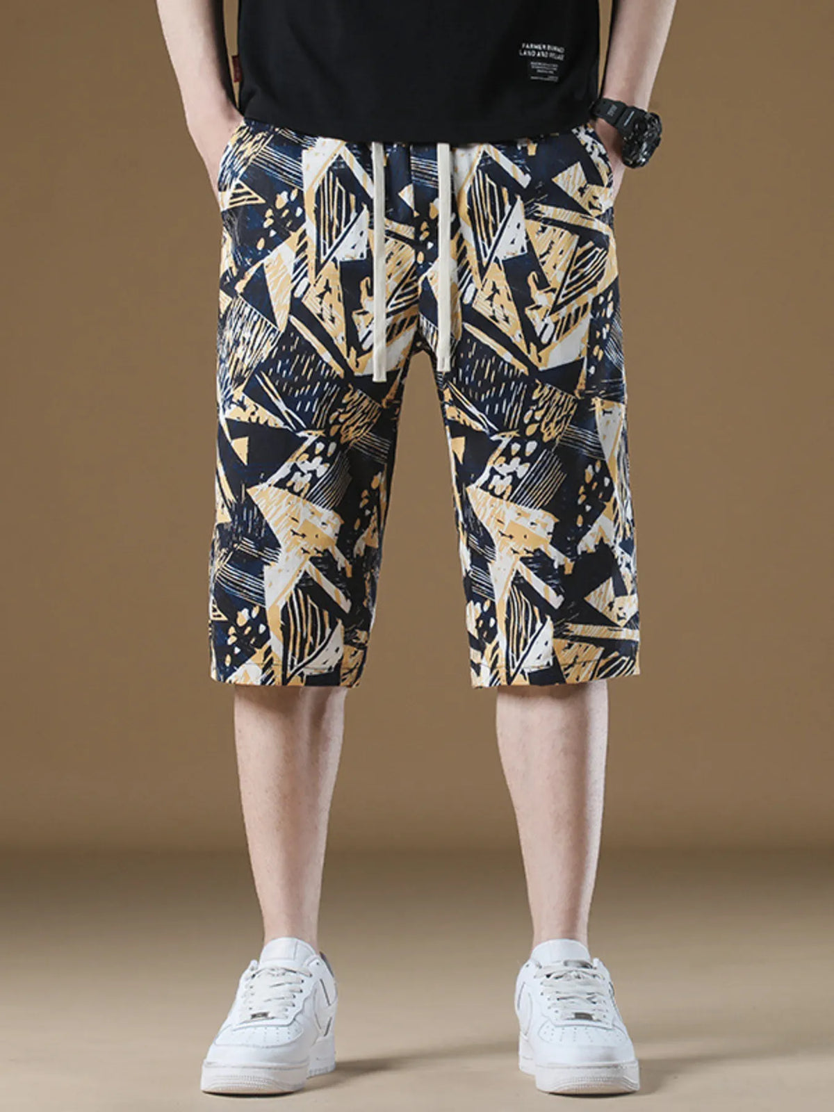 Men's Plus Size Geometric Print Shorts in Black, view 2