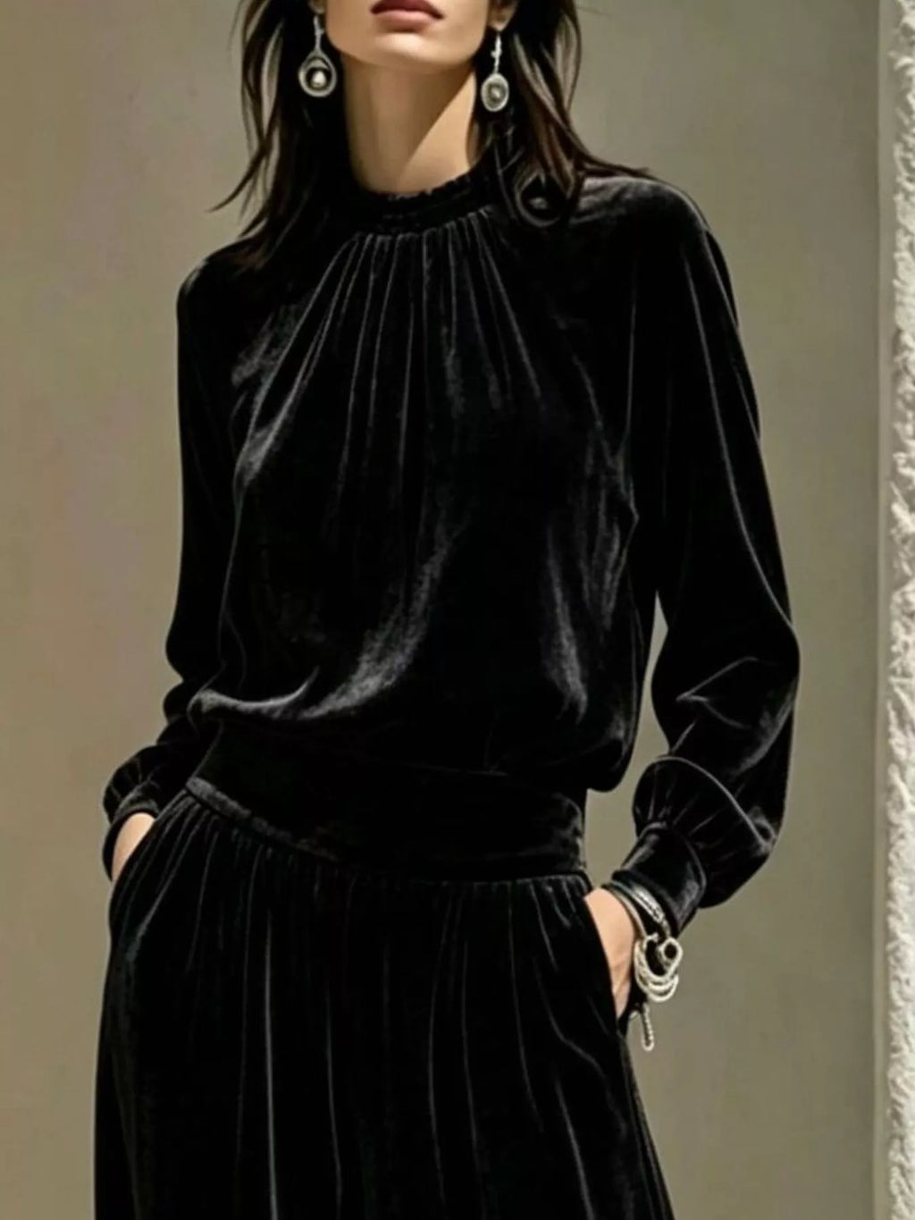 Velvet Mock Neck Long Sleeve Top and Wide-Leg Pants Set - Lilixa.store