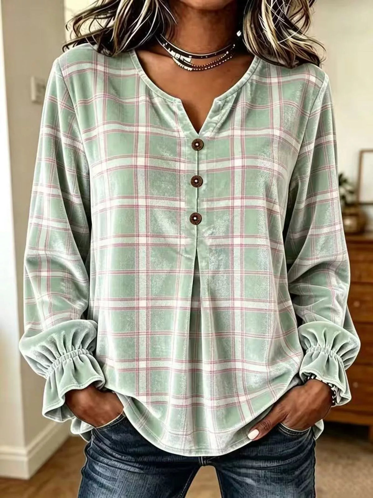 Full Size Plaid Velvet Flounce Sleeve Blouse Plus Size in Sage