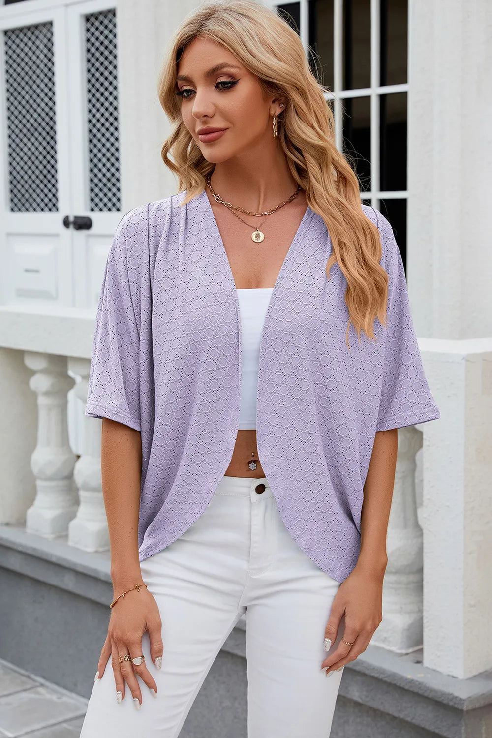 Eyelet Open Front Half Sleeve Cardigan - Lilixa.store