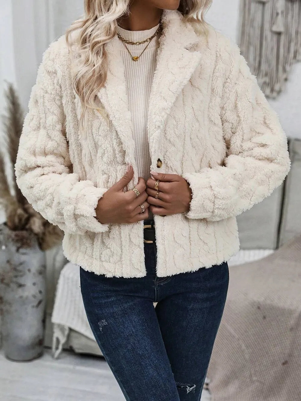 Fuzzy Button Up Collared Neck Jacket in Cream, view 2