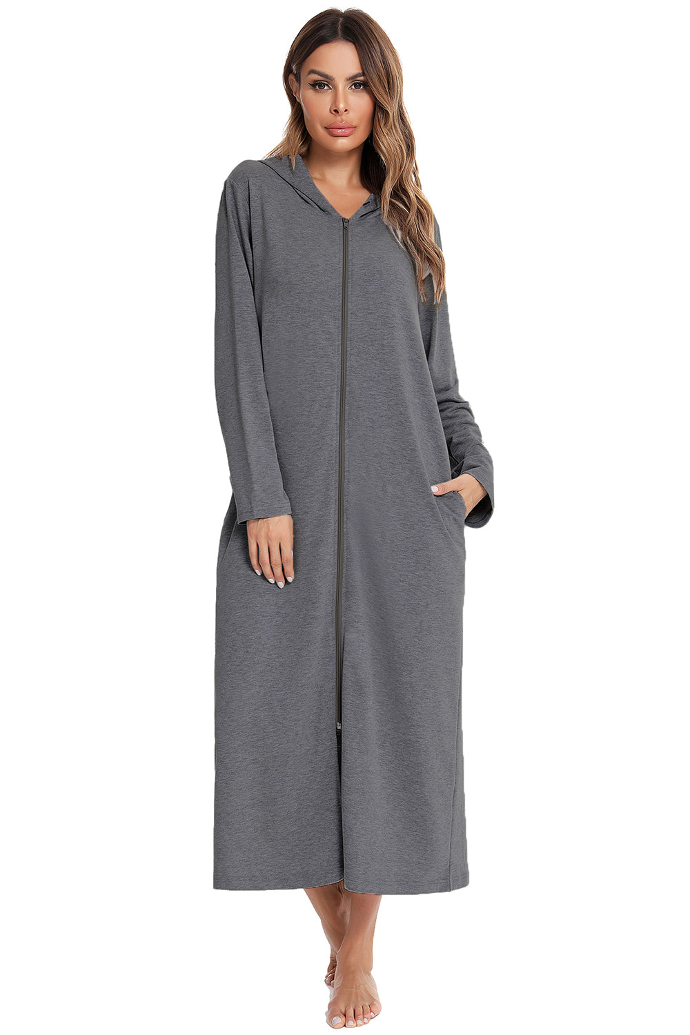 Zip Front Hooded Night Dress with Pockets - Lilixa.store