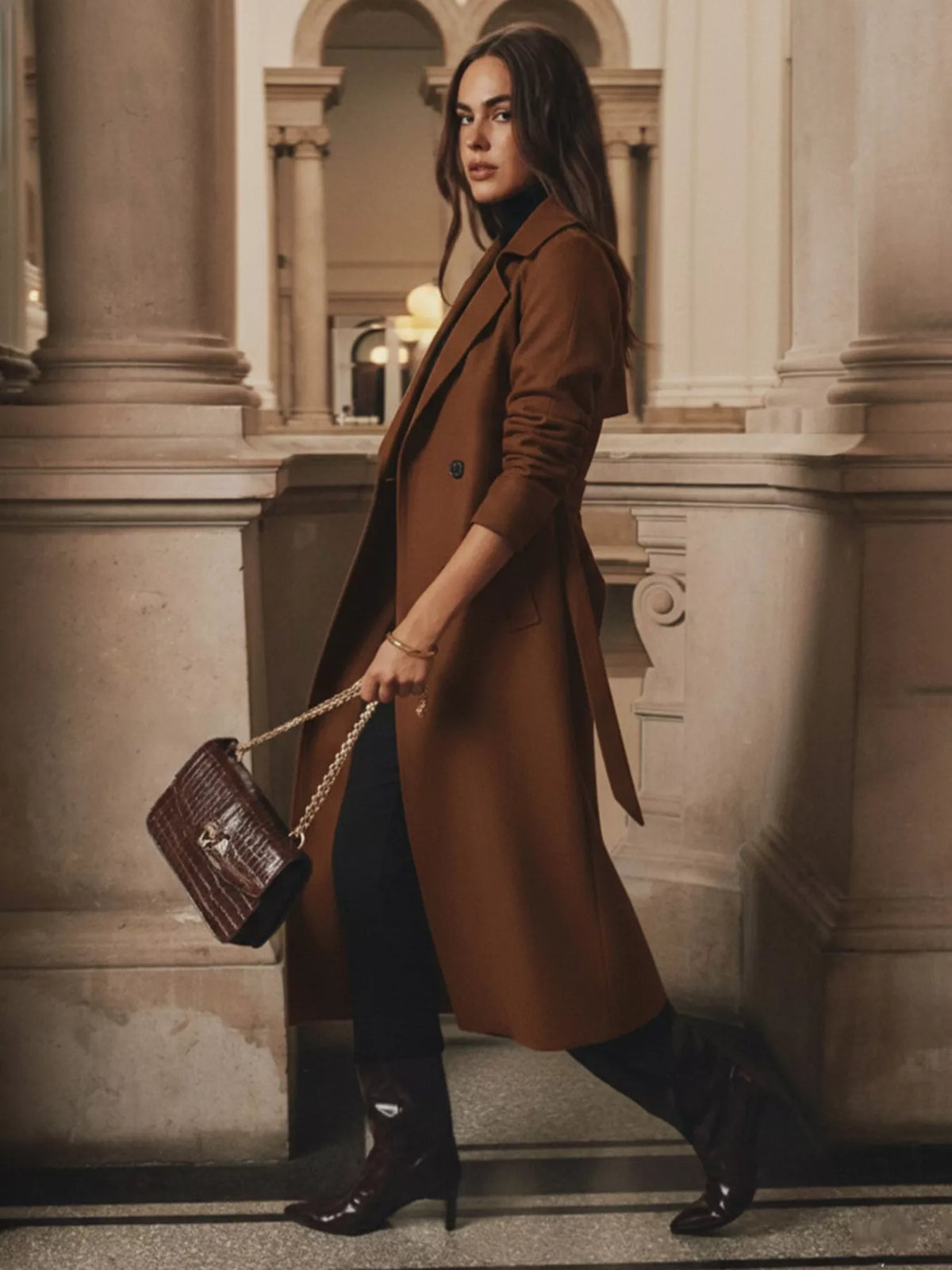 Lapel Collar Belted Wool Blend Coat in Brown, view 4