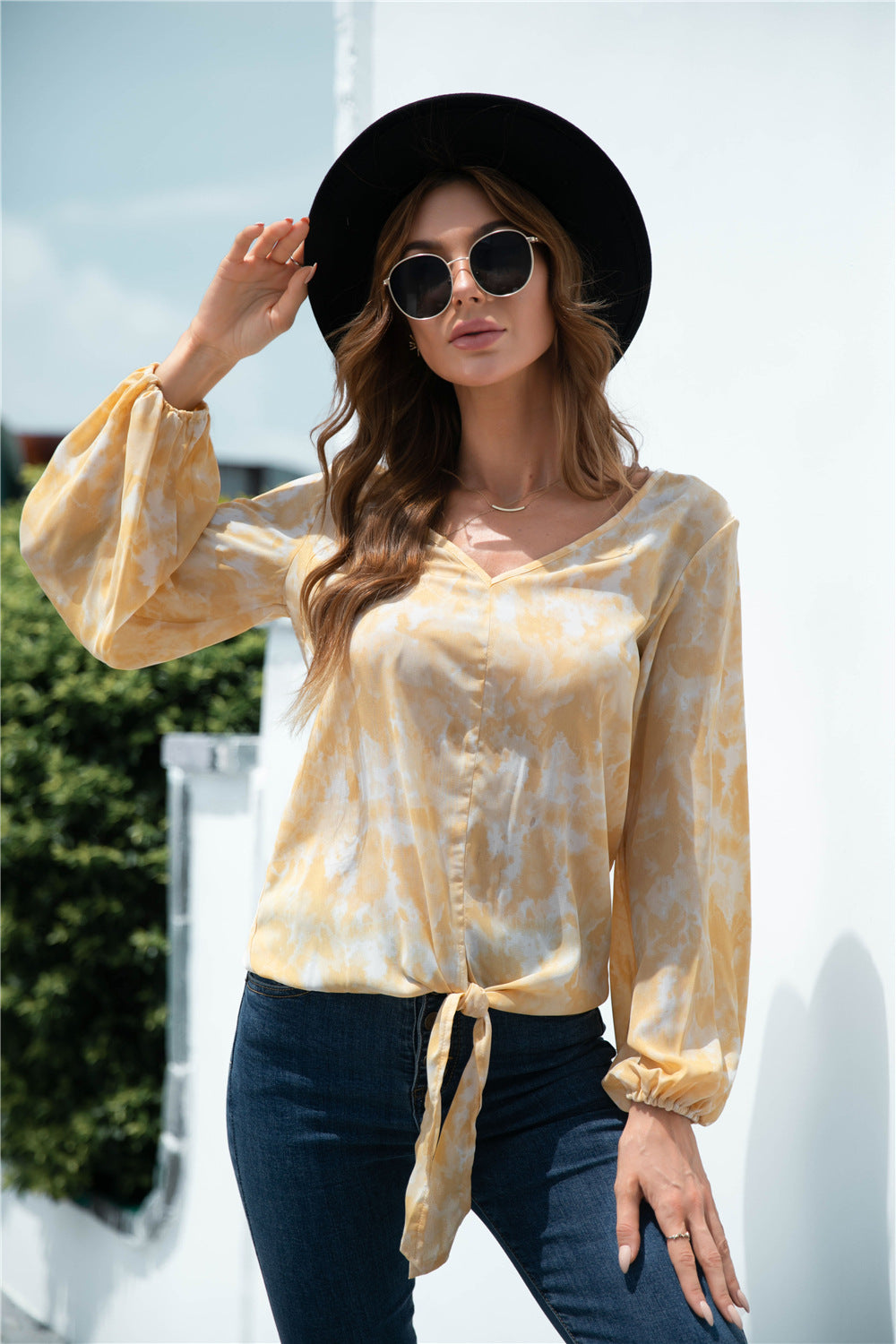 Tie-Dye Tied Balloon Sleeve Blouse in Light Yellow