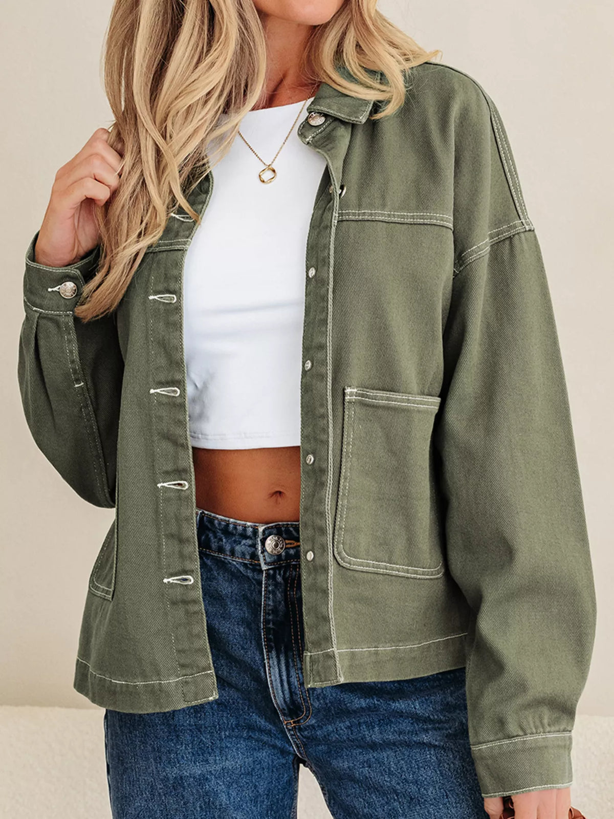 Patched Pocket Collared Button Front Boyfriend Denim Jacket in Moss, view 4