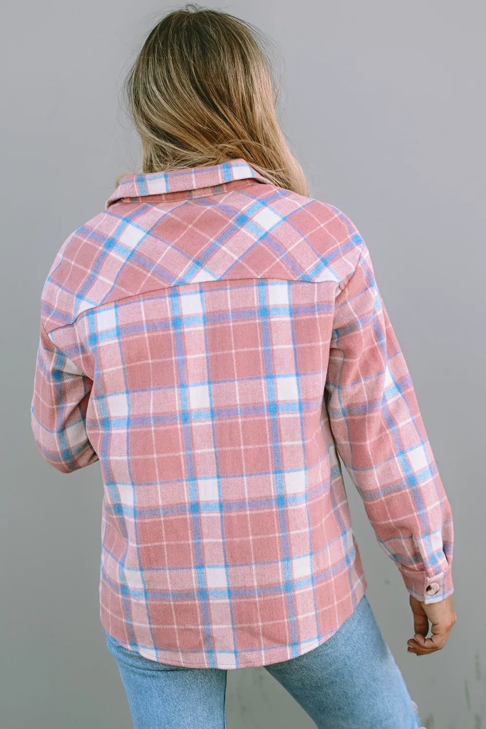 Plaid Pocketed Collared Neck Button Up Jacket in Blush Pink, view 2