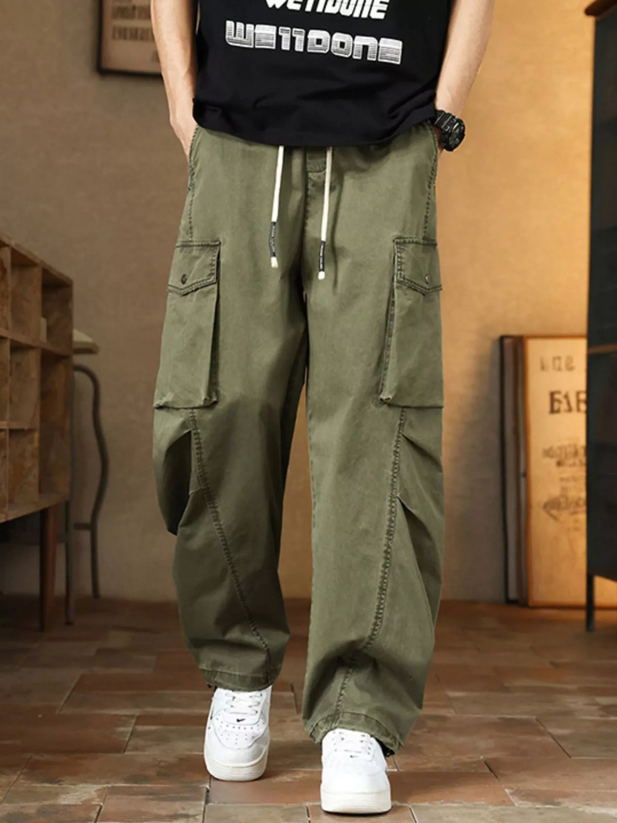Men's Plus Size Casual Loose Fit Cargo Pants in Green