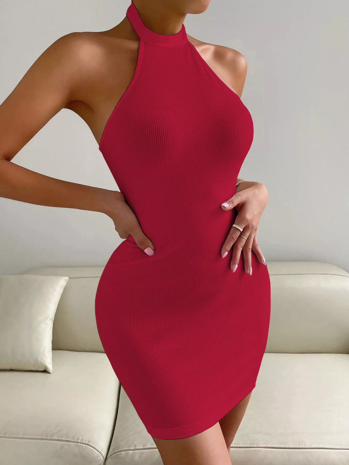 Halter Neck Bodycon Mini Dress - Lilixa.store