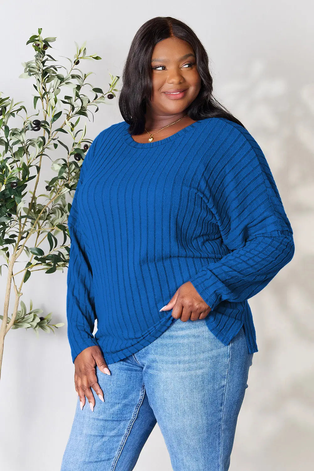 Basic Bae Full Size Ribbed Round Neck Slit Knit Top - Lilixa.store