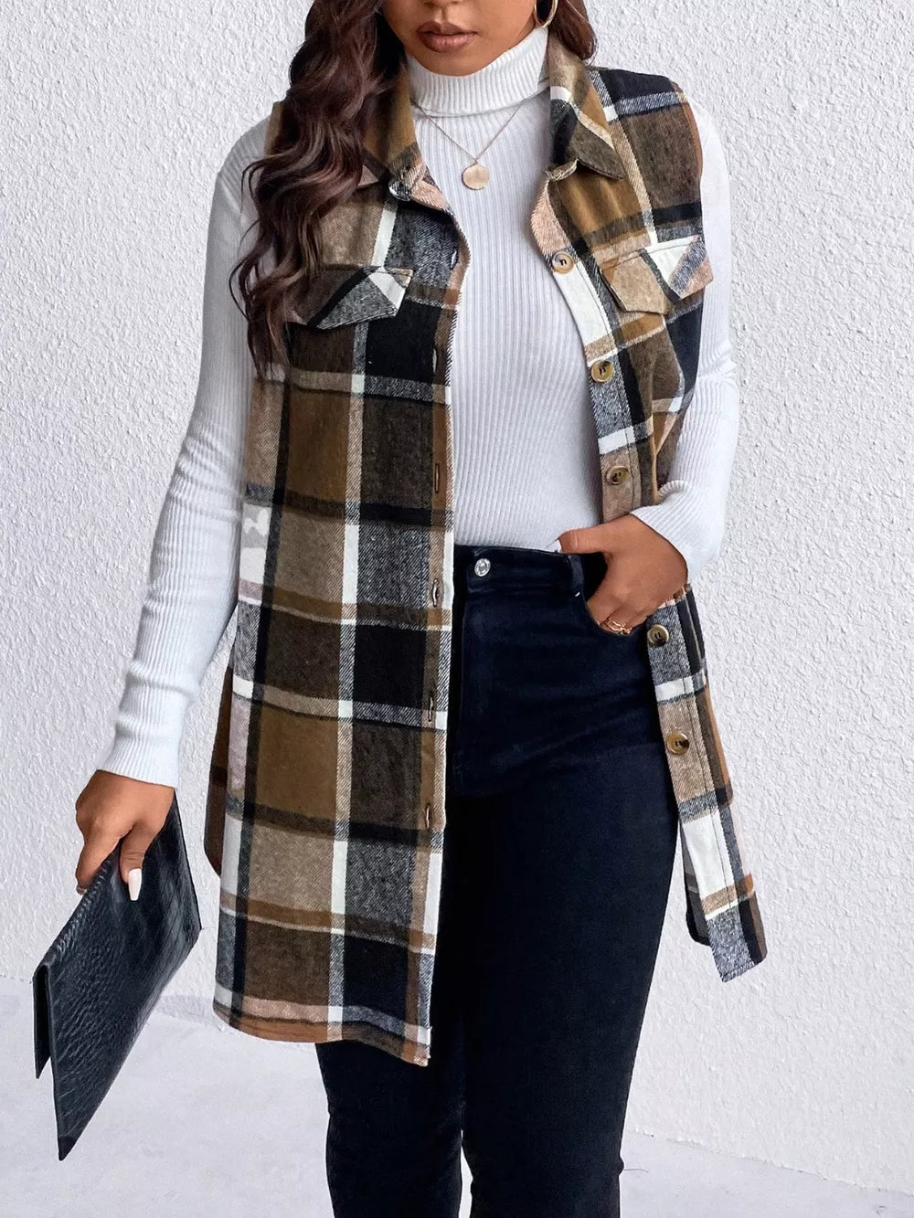 Honey Plus Size Pocketed Plaid Button Up Vest Coat, view 3