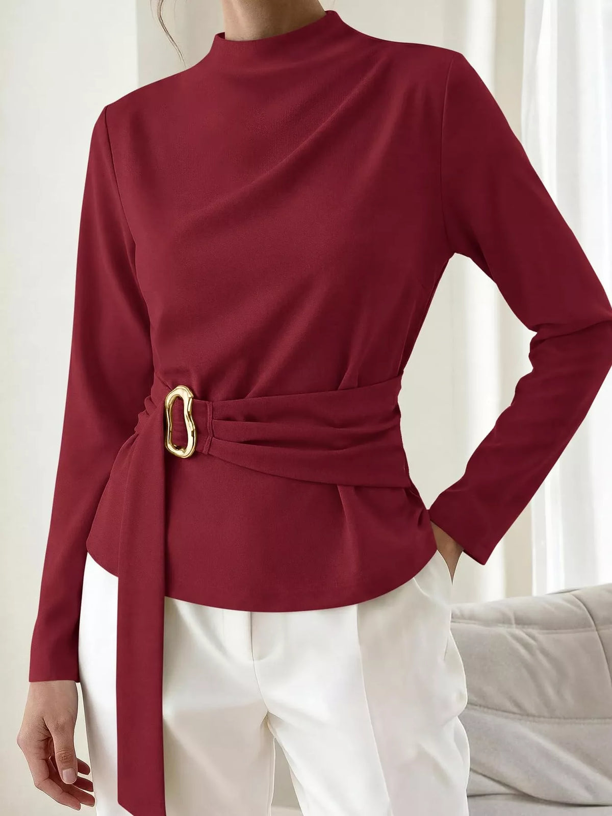 Mock Neck Blouse with Waist-Defining Metal Buckle Detail - Lilixa.store