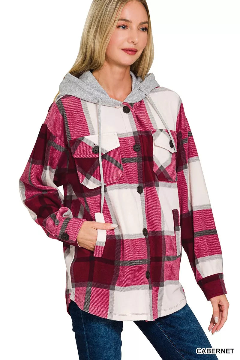Zenana Plaid Drawstring Hooded Fleece Shacket in Cabernet, view 3