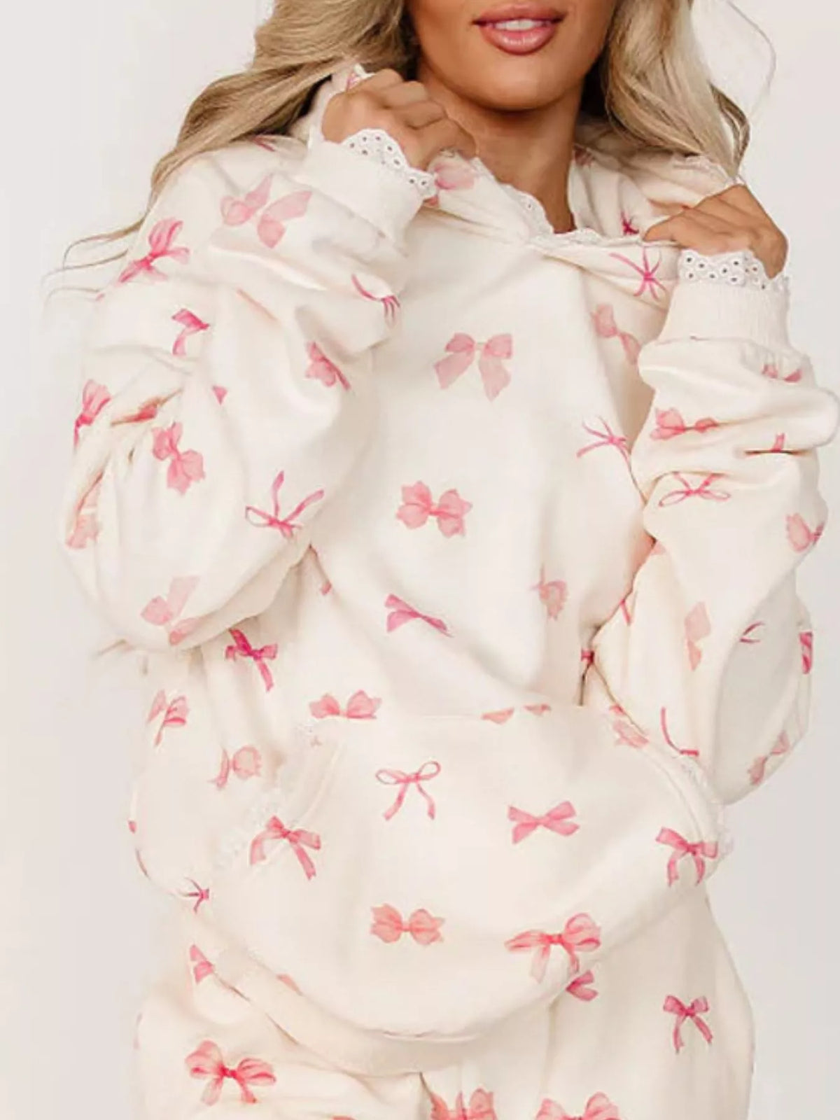 Lace Trim Kangaroo Pocket Hoodie - Lilixa.store