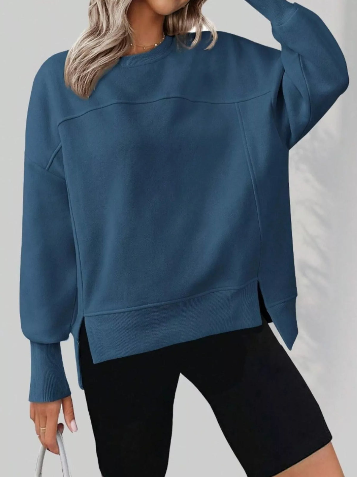 Slit Round Neck Dropped Shoulder Sweatshirt - Lilixa.store