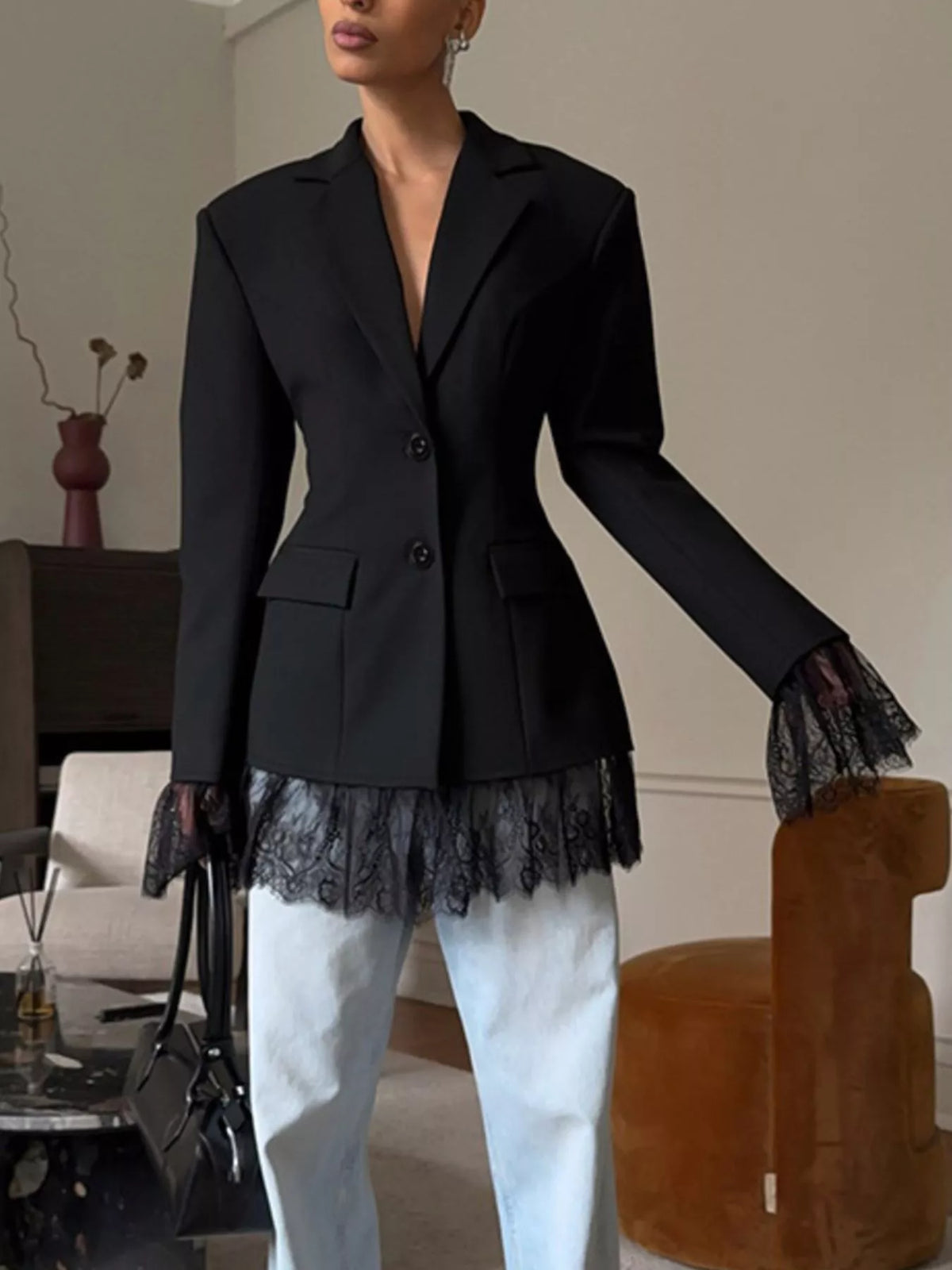 Lace Hem Lapel Collar Blazer - Lilixa.store