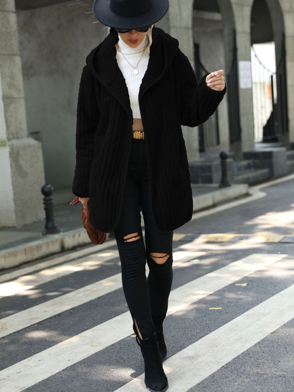 Open Front Ribbed Hooded Coat - Lilixa.store